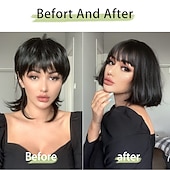 cheap Synthetic Trendy Wigs-Black Wig with Bangs Short Straight Bob Wigs for Women 10 Inch Natural Looking Synthetic Hair Replacement Wigs for Daily Party Cosplay Use (Black) Christmas Party Wigs