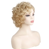billige Syntetiske trendy parykker-dominique mcelligott parykk korte blonde parykker for hvite kvinner naturlig krøllete bølget blondt hår syntetiske korte parykker julefest parykker