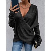 abordables Colores sólidos-Mujer Pulóveres Pull-over Saltador Cruzado De Punto Color sólido Elegante Casual Manga Larga Ajuste regular Cárdigans suéter Escote en Pico Otoño Invierno Azul Piscina Morado Rosa / Festivos / Noche