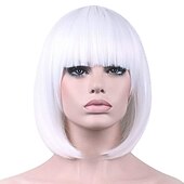 economico Parrucche trendy sintetiche-parrucche bianche per le donne parrucca bianca caschetto corto parrucche dritte capelli con la frangia sintetica cosplay party halloween per le donne parrucca sintetica dei capelli vd052c