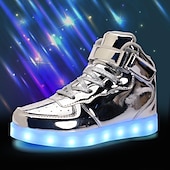 cheap Kids&#039; Sneakers-Gold LED Light-Up High-Top Sneakers for Kids and Men with Colorful Sole, Adjustable Strap, and Shiny Finish