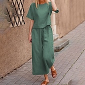 economico Set in cotone e lino-Completo da notte da donna, due pezzi, moda, semplice, comodo, colore puro, elastico in vita, basico, in cotone e lino, completo t-shirt e pantaloni, per la casa, per la festa di San Patrizio, manica corta, girocollo, nero, verde chiaro, blu.