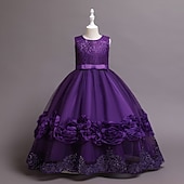baratos Vestidos floridos-Infantil Pouco Para Meninas Vestido Floral Tecido Vestido A Line Festa Espetáculo Com Transparência Laço Branco Roxo Vinho Assimétrico Sem Manga Princesa Doce Vestidos Primavera Verão Normal 3-12 anos