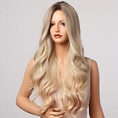 billige Syntetiske trendy parykker-blonde parykker for kvinner brun gradient gull dameparykker, kvinner middels langt krøllet hår naturlig bølget parykker, hvite kvinnelige parykker, cosplay parykker, varmebestandige daglige parykker