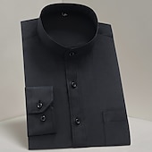 cheap Men&#039;s Button Down Shirts-Men&#039;s Chinese Collar Shirt Mandarin Collar Shirt Dress Shirt Collared Shirt Button Up Shirt Plain Wedding Party Wine Black White Navy Blue Long Sleeve Grandad Collar All Seasons Clothing Apparel