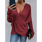 abordables Colores sólidos-Mujer Pulóveres Pull-over Saltador Cruzado De Punto Color sólido Elegante Casual Manga Larga Ajuste regular Cárdigans suéter Escote en Pico Otoño Invierno Azul Piscina Morado Rosa / Festivos / Noche
