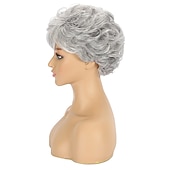 abordables Perruques de fête-Perruques grises pour femmes perruque courte argentée bouclée ondulée pour femmes coupe pixie grise à plusieurs couches avec frange perruques synthétiques pour dames perruque courte en cheveux