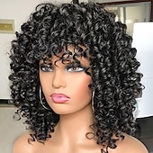 economico Parrucche di altissima qualità-parrucche nere per le donne più belle parrucche afro ricci con frangetta per le donne parrucca riccia crespa nera dall&#039;aspetto naturale per l&#039;uso quotidiano (1b nero naturale))