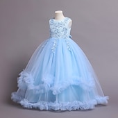 preiswerte Partykleider-Kinder Mädchen Kleid Blume ärmellos Performance Party Spitze süßes Polyester knielanges Tüllkleid Sommer Frühling Herbst 4–13 Jahre blau