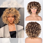 abordables Perruques de qualité supérieure-perruques afro bouclés courts pour les femmes noires perruque de cheveux bouclés afro crépus avec une frange perruques synthétiques douces résistantes à la chaleur pleines perruques bouclées