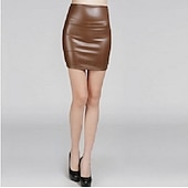 cheap Plain Skirts-Women&#039;s Normal Pencil Bodycon Work Skirts Sexy Mini High Waist Skirts Solid Colored Inelastic Holiday Casual Daily Black Red Brown Summer PU Faux Leather
