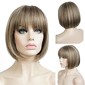 preiswerte Trendige synthetische Perücken-Graue Perücken für Frauen, synthetische Perücke, natürlicher gerader Bob mit Pony, Perücke, blond, hellgolden, rosa, blond, braun, weiß, 35,6 cm, für tägliche Party, Weihnachtsfeier-Perücken,