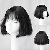 cheap Synthetic Trendy Wigs-Black Wig with Bangs Short Straight Bob Wigs for Women 10 Inch Natural Looking Synthetic Hair Replacement Wigs for Daily Party Cosplay Use (Black) Christmas Party Wigs
