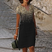 economico Abito Floreale-Abito Midi da Donna Abito Cocktail Collo a V Paillettes Gradiente Nero Elegante Abito al Ginocchio Feste Sera Maniche Corte Fit Regolare