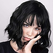 billige Syntetiske trendy parykker-syntetisk parykk bølget bob nett bang parykk middels lang blondt syntetisk hår kvinners blonde svarte burgunder barbiecore parykker