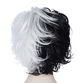 economico Parrucche dei personaggi dei film-parrucca gotica cruella deville parrucca cosplay parrucche in bianco e nero per le donne parrucca di capelli corti ricci ondulati bob carino parrucche sintetiche per il partito parrucche di halloween