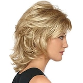 cheap Older Wigs-Short Mixed Blonde Curly Wig with Bangs Natural Wavy Synthetic Wig for Women Short Natural Wavy Wigs
