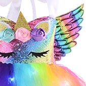 ieftine Rochii Unicorn-copii fete rochie tutu luminoasă cu unicorn cu led performanță de ziua de naștere plasă încrețită mozaic violet curcubeu albastru deschis bumbac deasupra genunchiului costum fără mâneci rochii drăguțe toamnă vară