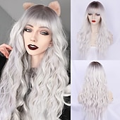 economico Parrucche sintetiche-parrucche grigie per le donne parrucche sintetiche lunghe ondulate parrucche ondulate lunghe d&#039;acqua parrucche ombre grigio biondo rosso parte centrale parrucche cosplay parrucche per feste di natale