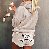 economico Completi pigiami da donna-tuta da casa da donna set 2 pezzi animale gatto caldo peluche comfort casa strada quotidiano pile felpa con cappuccio manica lunga felpa con cappuccio pantaloncini elastico in vita fa casa abiti