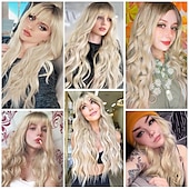 billige Syntetiske trendy parykker-syntetisk parykk bølgete med pannelugg parykk langt a9 syntetisk hår kvinners cosplay party mote blond rosa lilla julefest parykker