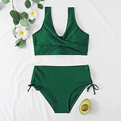 billiga Bikiniset-Dam Vanligt Badkläder Bikini 2 st Kalsonger Baddräkt Hög midja Twist Front Monterad Semester Stylish Ensfärgat V-slits Ärmlös Baddräkter