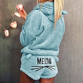 economico Completi pigiami da donna-tuta da casa da donna set 2 pezzi animale gatto caldo peluche comfort casa strada quotidiano pile felpa con cappuccio manica lunga felpa con cappuccio pantaloncini elastico in vita fa casa abiti