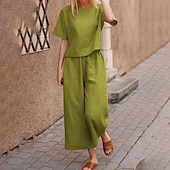economico Set in cotone e lino-Completo da notte da donna, due pezzi, moda, semplice, comodo, colore puro, elastico in vita, basico, in cotone e lino, completo t-shirt e pantaloni, per la casa, per la festa di San Patrizio, manica corta, girocollo, nero, verde chiaro, blu.