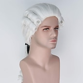 cheap Historical Wigs-White Wigs For Men Medieval Wig Man Colonial Judges Wig Long Beige Curly Wave  Party  Wig (White) Halloween Wigs