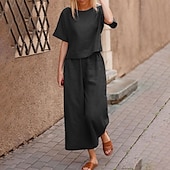 economico Set in cotone e lino-Completo da notte da donna, due pezzi, moda, semplice, comodo, colore puro, elastico in vita, basico, in cotone e lino, completo t-shirt e pantaloni, per la casa, per la festa di San Patrizio, manica corta, girocollo, nero, verde chiaro, blu.