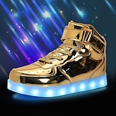 cheap Kids&#039; Sneakers-Gold LED Light-Up High-Top Sneakers for Kids and Men with Colorful Sole, Adjustable Strap, and Shiny Finish