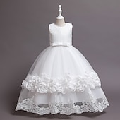baratos Vestidos floridos-Infantil Pouco Para Meninas Vestido Floral Tecido Vestido A Line Festa Espetáculo Com Transparência Laço Branco Roxo Vinho Assimétrico Sem Manga Princesa Doce Vestidos Primavera Verão Normal 3-12 anos