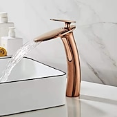 abordables Classiques-Robinet de lavabo de salle de bain cascade avec tuyau d&#039;alimentation, robinet de lavabo monotrou à poignée unique, mitigeur de lavabo à corps incliné commercial