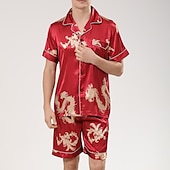 billiga Pyjamas-Herr Satäng och siden Sovkläder Pyjamas set Sidenpyjamas 2 delar Djur Ren färg Mode Ledigt Satin Hem Säng Faux siden Polyester Kavajslag Kortärmad Shorts Grundläggande Vår Sommar Svart Rubinrött