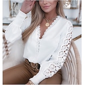 preiswerte Spitzenoberteile-Damen Hemd Bluse Weiße Ötenoberteile Schwarz Weiß Rosa Glatt Spitze Ausgeschnitten Langarm Arbeit Täglich Geschäftlich Elegant Brautkleider schlicht V Ausschnitt Standard S