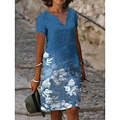 economico Abito Floreale-Abito Midi da Donna Abito Cocktail Collo a V Paillettes Gradiente Nero Elegante Abito al Ginocchio Feste Sera Maniche Corte Fit Regolare
