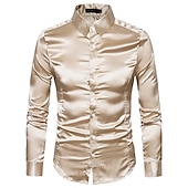 cheap Men&#039;s Satin Shirts-Men&#039;s Dress Shirt Collared Shirt Button Up Shirt Prom Shirt Satin Silk Shirt Plain Wedding Party Navy Black White Yellow Long Sleeve Collar Clothing Apparel