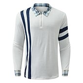 cheap Vacation-Men&#039;s Polo Shirt Golf Shirt Outdoor Work Standing Collar Long Sleeve Sports Fashion Plaid / Check Patchwork Braided All Seasons Slim White Blue Polo Shirt