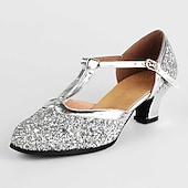 preiswerte Schuhe für Standardtanz und Modern Dance-Silberne Glitzer-T-Riemen-Tanzschuhe für Damen – Sandalen für Ballsaal, Latein und Performance mit niedrigem Absatz für Hochzeiten und Partys
