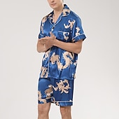billiga Pyjamas-Herr Satäng och siden Sovkläder Pyjamas set Sidenpyjamas 2 delar Djur Ren färg Mode Ledigt Satin Hem Säng Faux siden Polyester Kavajslag Kortärmad Shorts Grundläggande Vår Sommar Svart Rubinrött