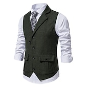cheap Men's Waistcoat-Men's Vest Waistcoat Wedding Party / Evening Vintage Retro Spring Fall Pocket Polyester Warm Solid Color Single Breasted Regular Fit Navy Blue Dark Green Coffee Gray Vest