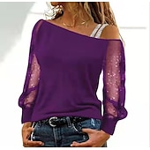 baratos Tops elegantes-Mulheres Camiseta Preto Vinho Azul Tecido Com Transparência Patchwork Manga Longa Para Noite Final de semana Um Ombro Sensual Estilo Praia Assimétrico Padrão S