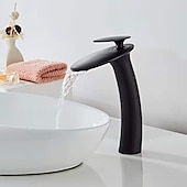 abordables Classiques-Robinet de lavabo de salle de bain cascade avec tuyau d&#039;alimentation, robinet de lavabo monotrou à poignée unique, mitigeur de lavabo à corps incliné commercial