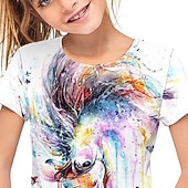 baratos Animais 3D da Menina-Para Meninas 3D Animal Cavalo Camisa Manga Curta Impressão 3D Verão Primavera Ativo Moda Estilo bonito Infantil 3-12 anos Ao ar livre Diário Interior Normal