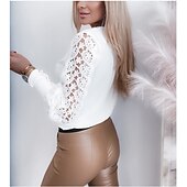 preiswerte Spitzenoberteile-Damen Hemd Bluse Weiße Ötenoberteile Schwarz Weiß Rosa Glatt Spitze Ausgeschnitten Langarm Arbeit Täglich Geschäftlich Elegant Brautkleider schlicht V Ausschnitt Standard S