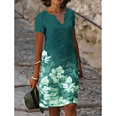 economico Abito Floreale-Abito Midi da Donna Abito Cocktail Collo a V Paillettes Gradiente Nero Elegante Abito al Ginocchio Feste Sera Maniche Corte Fit Regolare