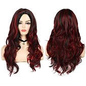 ieftine Peruci Sintetice Trendy-perucă roșie neagră perucă ondulată lungă pentru femei evidențiază straturile mătăsoase mijlocii 2 tonuri sintetice perucă costum cosplay peruci pentru petrecerea de Crăciun