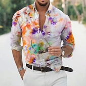 billiga Geometriska mönster-Herr Knytbatik Skjorta Hawaii skjorta Knapp upp skjorta Långärmad Skjorta Hög krage Mode Designer Ledigt Utomhus Semester Ledigt Regnbåge 3D-tryck S M L