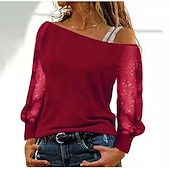 baratos Tops elegantes-Mulheres Camiseta Preto Vinho Azul Tecido Com Transparência Patchwork Manga Longa Para Noite Final de semana Um Ombro Sensual Estilo Praia Assimétrico Padrão S