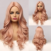 voordelige Synthetische trendy pruiken-synthetische pruik golvend middelste stuk pruik lang a24 synthetisch haar dames zacht party makkelijk mee te nemen blond roze zwart barbiecore pruiken